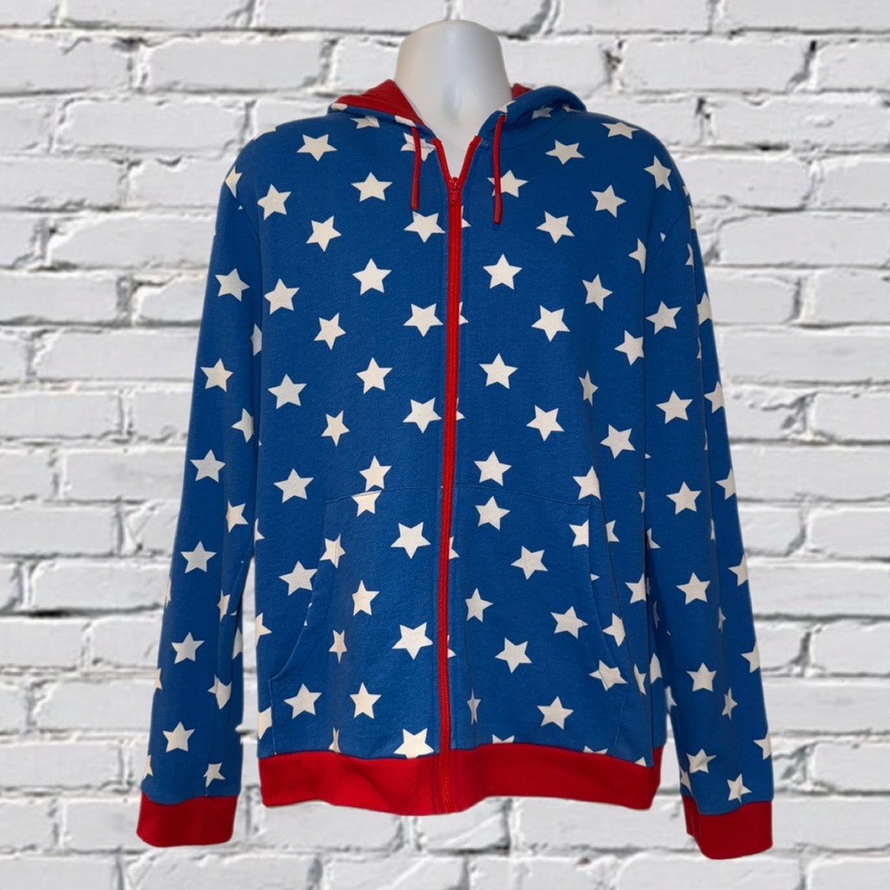 Hope & Wonder Unisex Hoodie Blue with White Stars and Red Trim.. Size - Large
